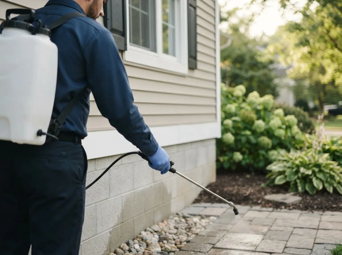 Pest control technician inspecting a home in Dewittville, NY